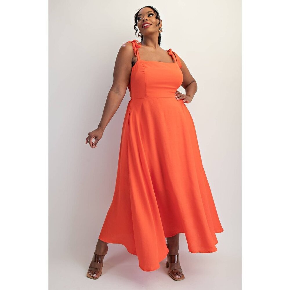 Orange Plus Size Tie Shoulder Woven Midi Dress - Picture 2 of 6